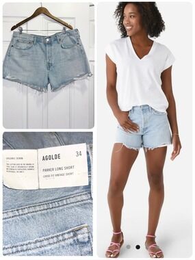 NWT Agolde Parker Long Denim Shorts in Twister Wash Frayed Hem Jeans Size 34
